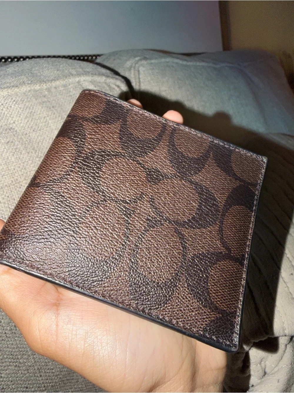 Unisex Coach Brown Signature Pattern Leather Bi-Fold Wallet